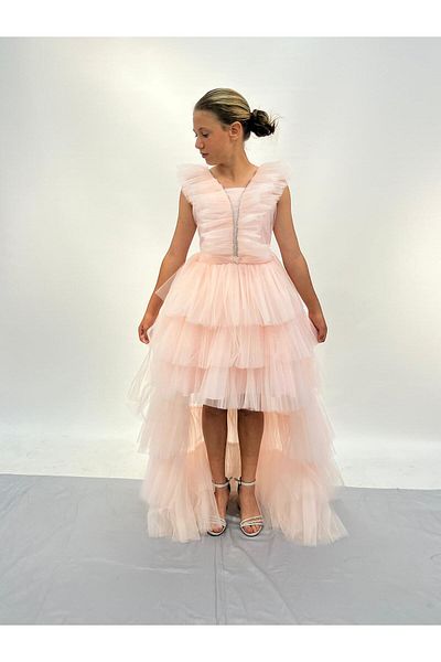 BUTİKHAPPYKİDS Girl's Evening Dress Powder Tail Ruffled Collar Evening Dress 10-14 Years