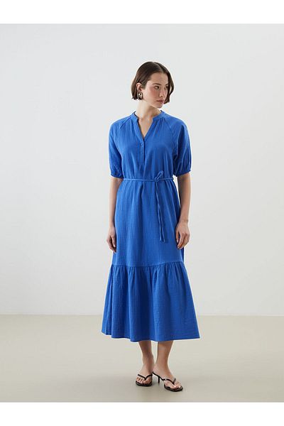 LC Waikiki Γυναικείο φόρεμα με υφή LCWAIKIKI Classic Blue Runaway γιακά