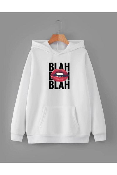 RPT MODA Oversized Casual Cut Blah Print Detail Hooded Basic Sweatshirt Top