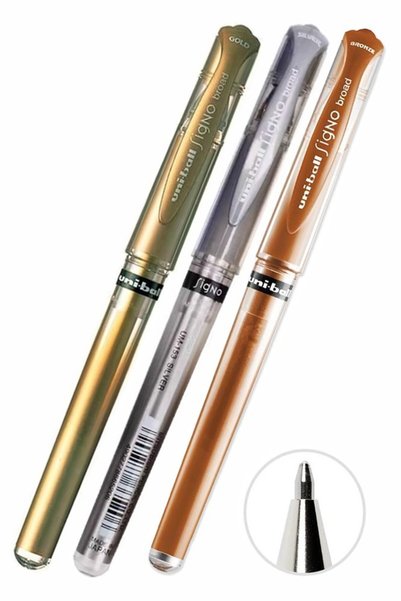Artlantis Altın Sarı Gümüş Gri ve Bakır Yaldız İmza Kalemi 3 Adet Uniball Signo 1.0 mm Roller Pilot Kalem Um-1