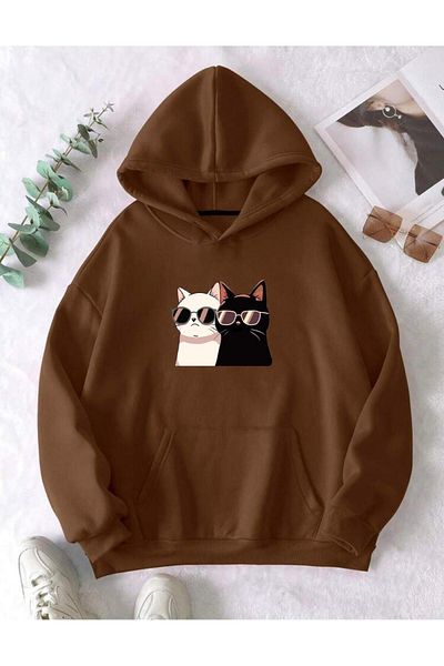 RPT MODA ОБЩ СУИТШЪР С УДОБНА КРОЙКА, ЧЕРНО-БЯЛ ПРИНТ НА ​​КОТКА, ДЕТАЙЛИ, КАЧУЛКА