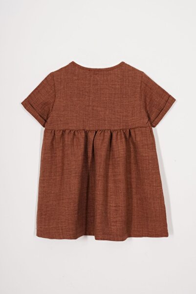 zepkids Crew Neck Buttoned Brown Color Girls Linen Dress with Hat Accessories