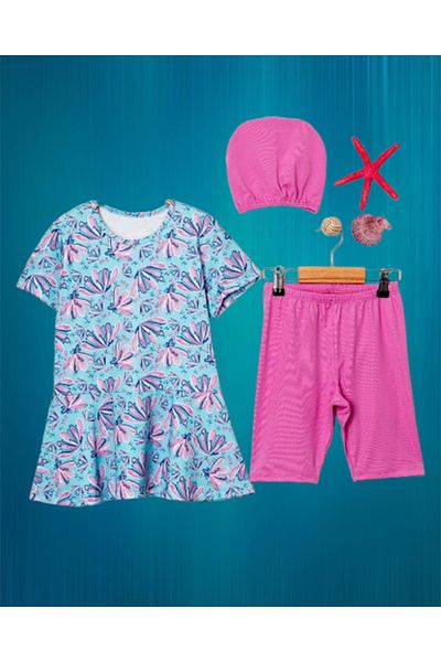 Elayza Floral Patterned Valon Skirt Girls' Swimsuit Set of Three - Boned Capris