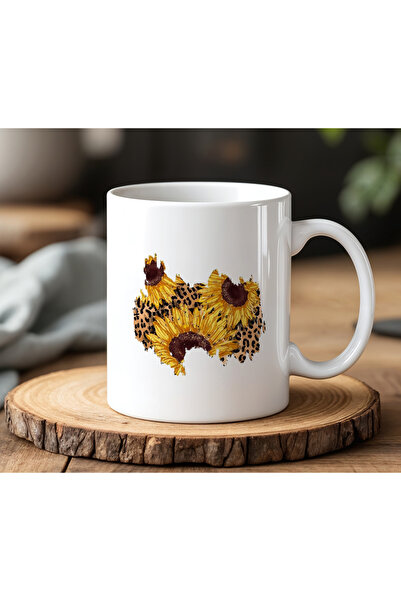 BB TRADE Leopard Pattern Sunflower Drawing Design White Ceramic Printed Mug C...