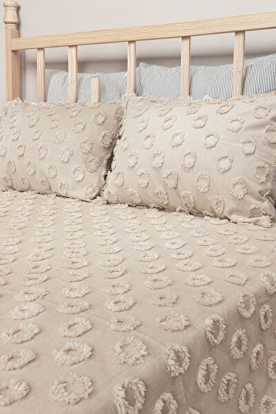 Tinybabyconcept 100% Cotton Pique Set 240X260 cm 2-Piece Pillowcase with Pompom Summer, King Size, Soft Beige