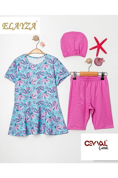 Elayza Floral Patterned Valon Skirt Girls' Swimsuit Set of Three - Boned Capris
