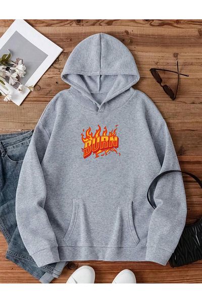 RPT MODA Oversized Casual Cut Burn Print Detail Hooded Basic Sweatshirt Top
