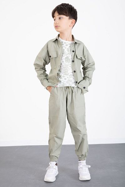 Cansın Mini Green Printed T-Shirt Parachute Shirt and Pants Boy's 3 Piece Set 20515