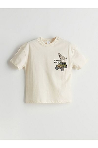 LC Waikiki Beige Crew Neck Dinosaur Printed Boy's T-Shirt