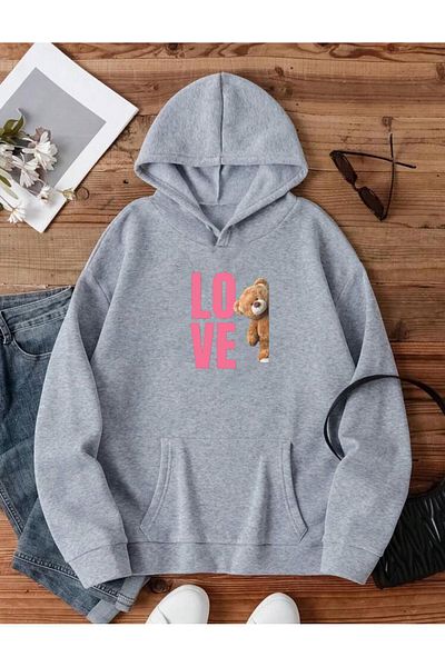 RPT MODA Oversized Casual Cut Love Pink Teddy Bear Print Detail Hooded Basic Sweatshirt Top