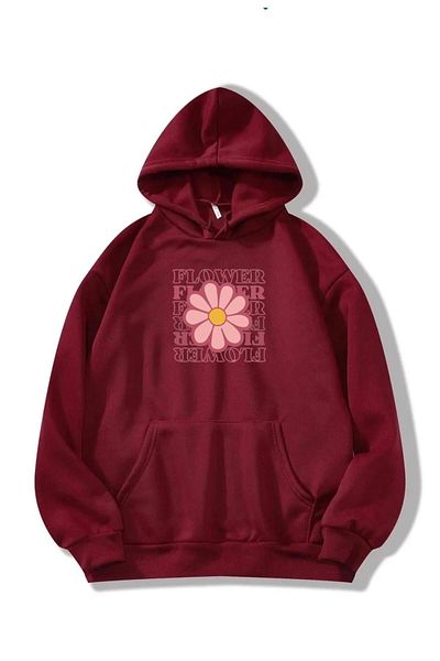 RPT MODA Oversized Casual Cut Flowers Printed Detail Hooded Basic Sweatshirt Top