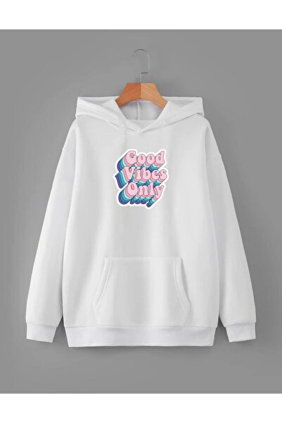 RPT MODA TOP DE PULOVER DE BAZĂ CU GLUGĂ DETALIE DE IMPRIMARE PUDRĂ GOOD VIBES