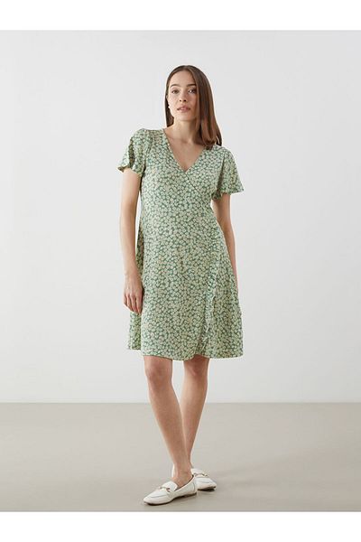 LC Waikiki Γυναικείο φόρεμα LCW Comfort Πράσινο Διπλό Γιακά Floral