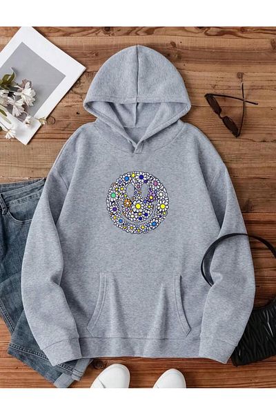 RPT MODA Oversized Casual Cut Flower Smiling Face Print Detail Hooded Basic Sweatshirt Top