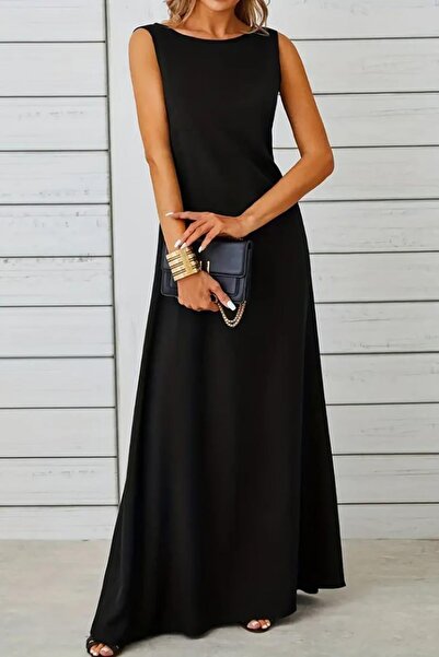 Deafox Black Sleeveless Boat Neck Maxi Janjan Crepe Dress