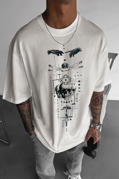 Millionaire Ανδρικό μπλουζάκι εκρού λευκό Da Vinci Sicience Oversize Loose Wide Fit Loose Cut T-shirt