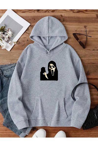 RPT MODA Oversized Casual Cut Outline Printed Detail Basic Sweatshirt Top with Hood