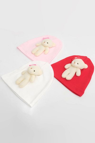 LOGO AKSESUAR Baby Girl Plush Bear 3-Piece Cotton Beanie