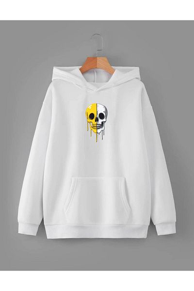 RPT MODA Oversized Casual Cut Double Color Skull Print Detail Hooded Basic Sweatshirt Top
