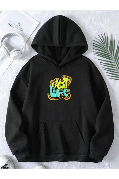 RPT MODA Oversized Comfortable Cut Best Life Print Detail Hooded Basic Sweatshirt Top