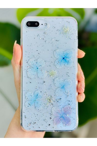 Go Aksesuar حافظة بتصميم زهرة لامعة باللون الأزرق الإيبوكسي متوافقة مع هاتف Iphone 7 Plus و8 Plus