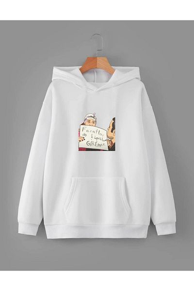 RPT MODA Oversized Casual Cut Pink Slogan Printed Detail Basic Sweatshirt Top with Hood