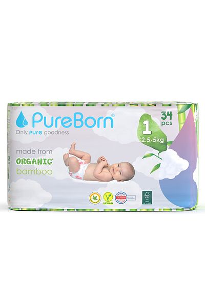 PUREBORN Organic Baby Tape Style Diapers Size-1  Upto 5 Kg 34 Pieces-Assorted
