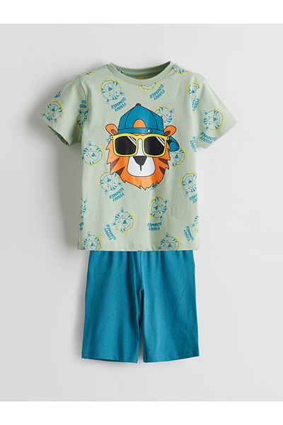 LC Waikiki Σετ πιτζάμες LCW Kids Green Printed Combed Cotton Boy Shorts