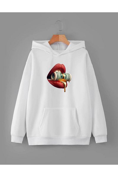 RPT MODA Oversized Casual Cut Lip Print Detail Hooded Basic Sweatshirt Top