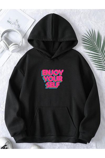 RPT MODA Oversized Comfortable Cut Pink Enjoy Your Self Printed Detail Basic Sweatshirt Top with Hood
