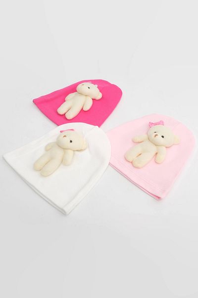 LOGO AKSESUAR Baby Girl Plush Bear 3-Piece Cotton Beanie