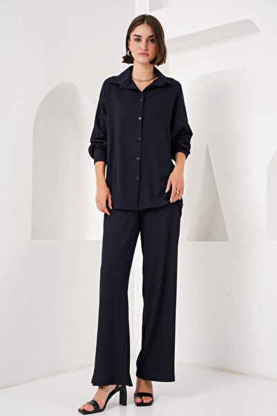 HobiDünyasıElif Women's Shirt Pants Knitted Double Suit C.Navy Blue 1004