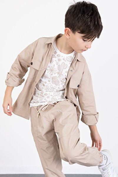 Cansın Mini Beige Printed T-Shirt Parachute Shirt and Pants Boy's 3-Piece Suit 20516