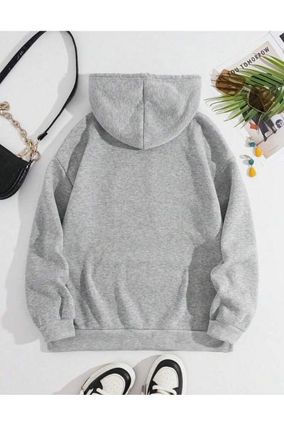 RPT MODA Oversized Casual Cut Flowers Printed Detail Hooded Basic Sweatshirt Top