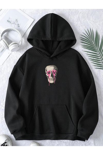 RPT MODA Oversized Casual Cut Skull Heart Print Detail Hooded Basic Sweatshirt Top