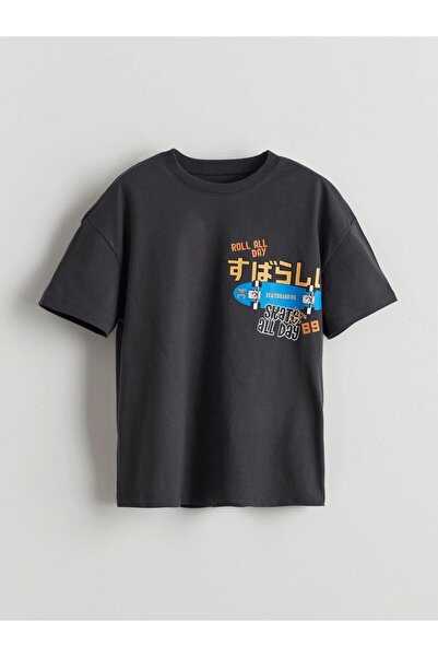 LC Waikiki Anthracite Crew Neck Printed Boy's T-Shirt