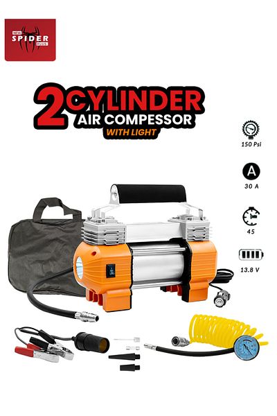 Spider New Spider Plus 12V 2 Cylinder Air Compressor with LED Light and Accessories for Car, Bike & More