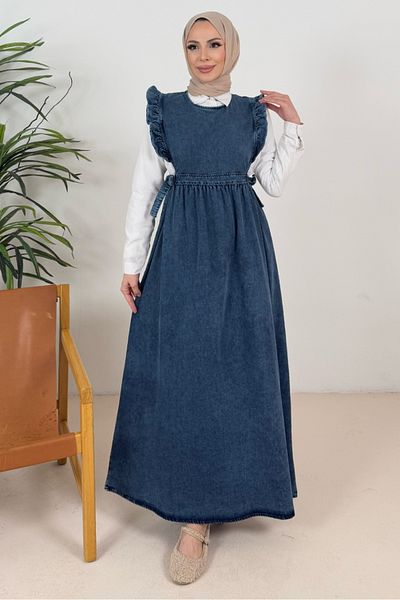 Bestenur Flounce Sleeve Belted Denim Gilet 1373 - Blue