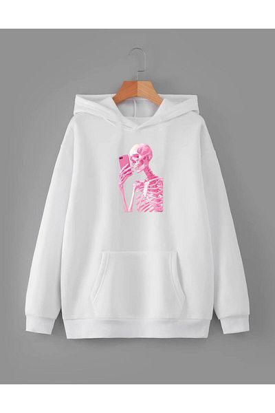 RPT MODA Oversized Casual Cut Pink Skeleton Print Detail Basic Sweatshirt Top with Hood