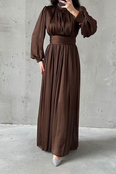 LEYUZE BUTİK Organza Elegant Hijab Βραδινό Φόρεμα - Λεπτό Πλισέ, Ανοιχτό Καφέ