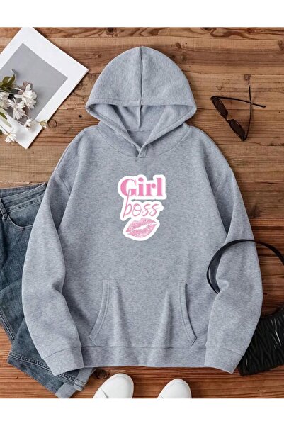 RPT MODA TOP DE PULOVER DE BAZĂ CU GLUGĂ DETALIE DE IMPRIMARE ROZ GIRL