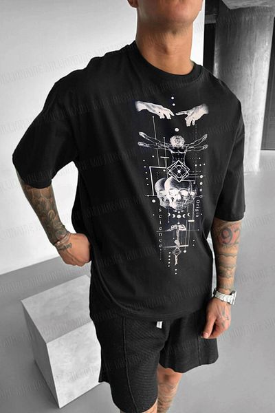 Millionaire Ανδρικό μαύρο μπλουζάκι Oversize Fit Da Vinci Science T-καλό