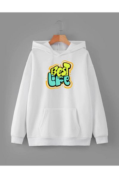 RPT MODA Oversized Comfortable Cut Best Life Print Detail Hooded Basic Sweatshirt Top