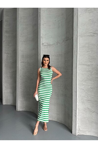 RPT MODA TAM BOY SIFIR KOL ÇİZGİLİ YIRTMAÇLI ÇİZGİLİ ELBİSE TUNİK