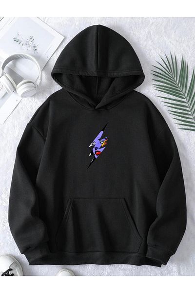 RPT MODA Oversized Casual Cut Lightning Print Detail Hooded Basic Sweatshirt Top