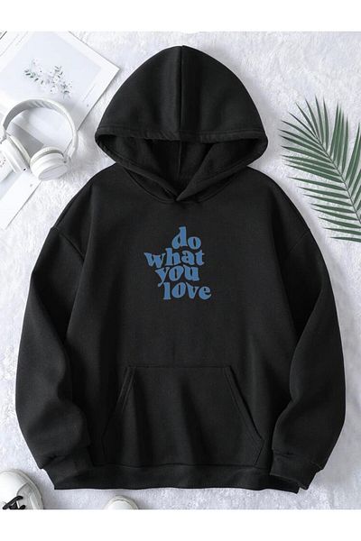 RPT MODA Oversized Relaxed Cut Do What Printed Detail Basic Sweatshirt Top with Hood
