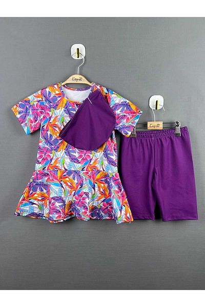 Elayza Leaf Patterned Valon Skirt Swimsuit for Girl - Set of Three