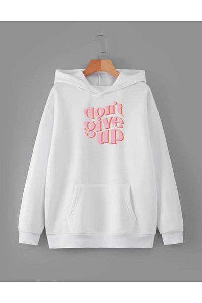 RPT MODA Oversized Relaxed Cut Dont Give up Printed Detail Hooded Basic Sweatshirt Top