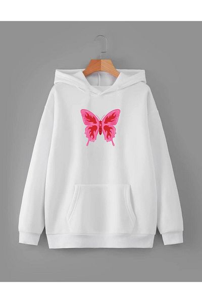 RPT MODA Oversized Casual Cut Pink Butterfly Print Detail Hooded Basic Sweatshirt Top