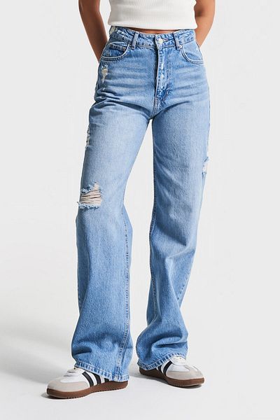 its basic Blugi de culoare albastră pentru femei, blugi, cu detalii cu laser, 100% bumbac, cu talie înaltă